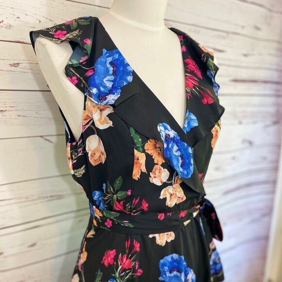 NWT S PARKER Floral Ruffle Black Dress Tie Small Flowers Summer Spring - Picture 2 of 6